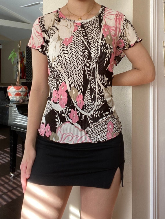 1990s Floral Pink and Brown Top by Dressbarn