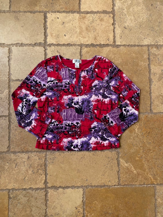 Y2K Red and Purple Mesh Abstract Print Long Sleev… - image 2