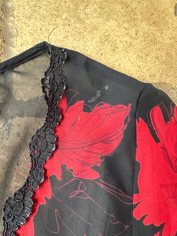 90s Black & Red Floral Sheer 3/4 Sleeve Top by La… - image 5