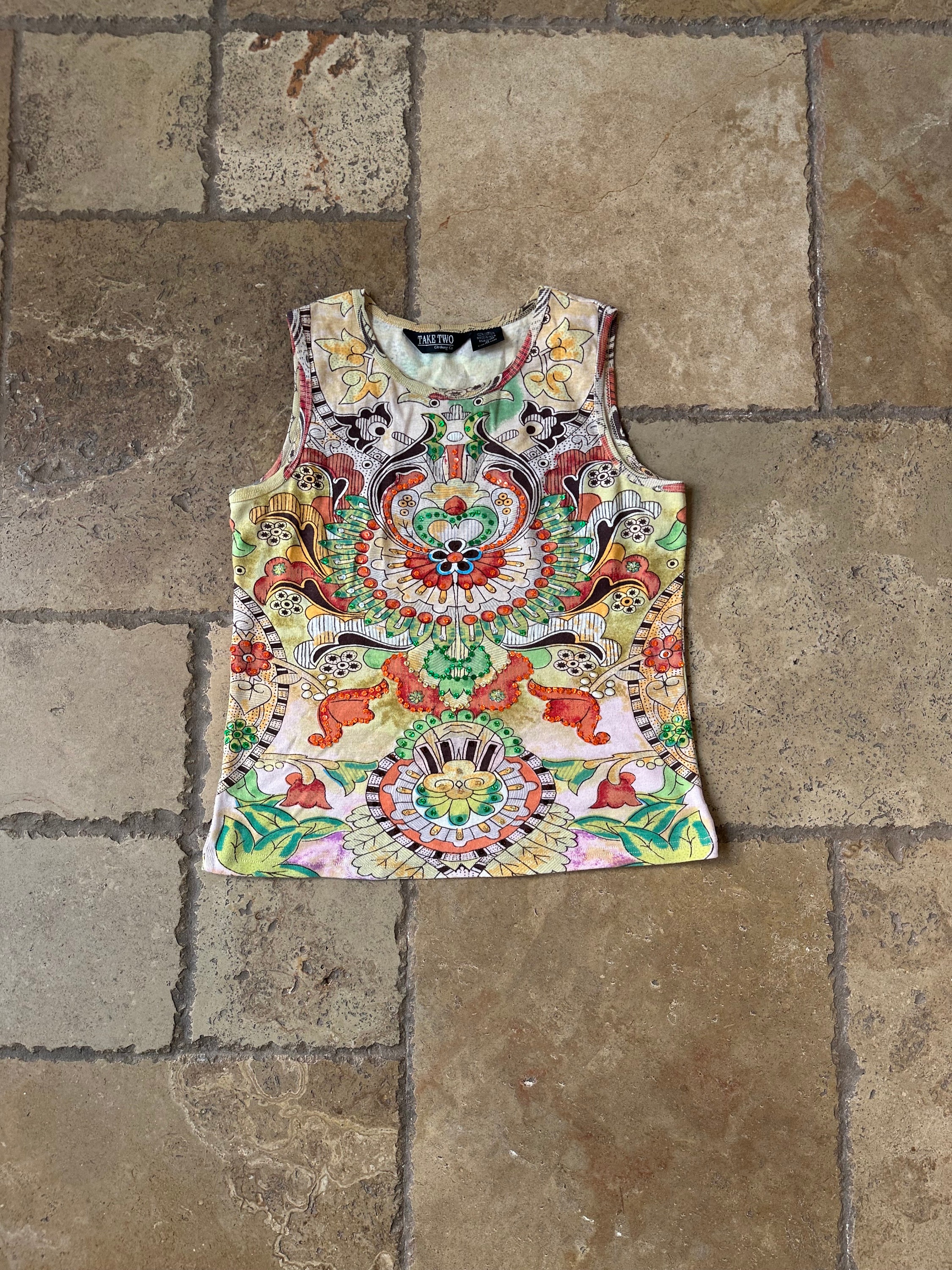 Y2K Orange & Green Print Sleeveless Tank Top by Take Two M-L - Etsy