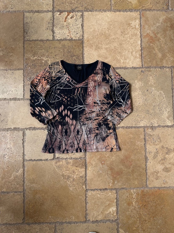 Y2K 90s Black & Brown Abstract Print 3/4 Sleeve To