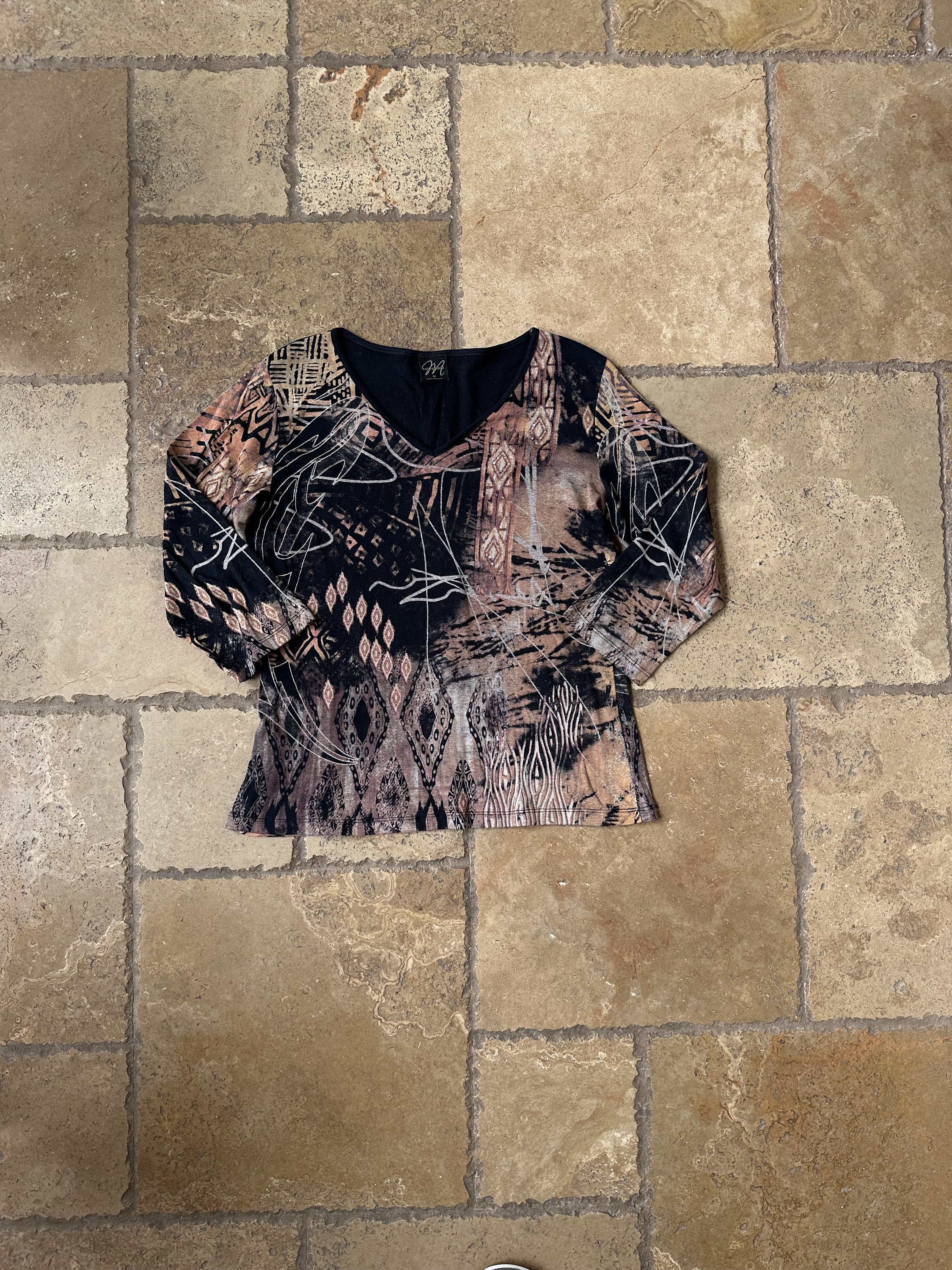 Y2K 90s Black Brown Abstract Print 3 4 Sleeve Top by Katina
