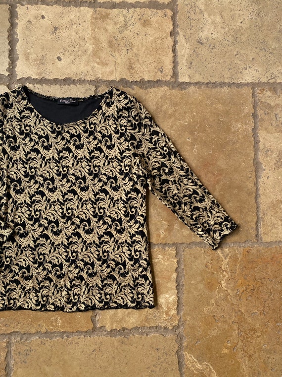 Vintage 90s Black & Gold Print 3/4 Sleeve Top by … - image 3