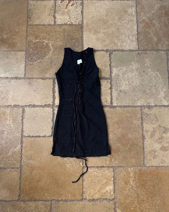 90s Vintage Black Distressed Sleeveless Mini Dres… - image 1