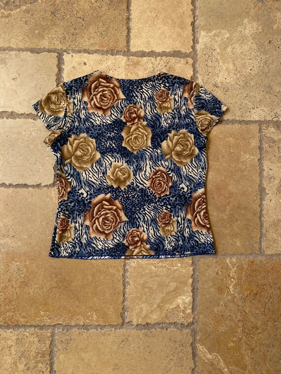 Y2K Blue & Brown Rose Print Short Sleeve Top by B… - image 3