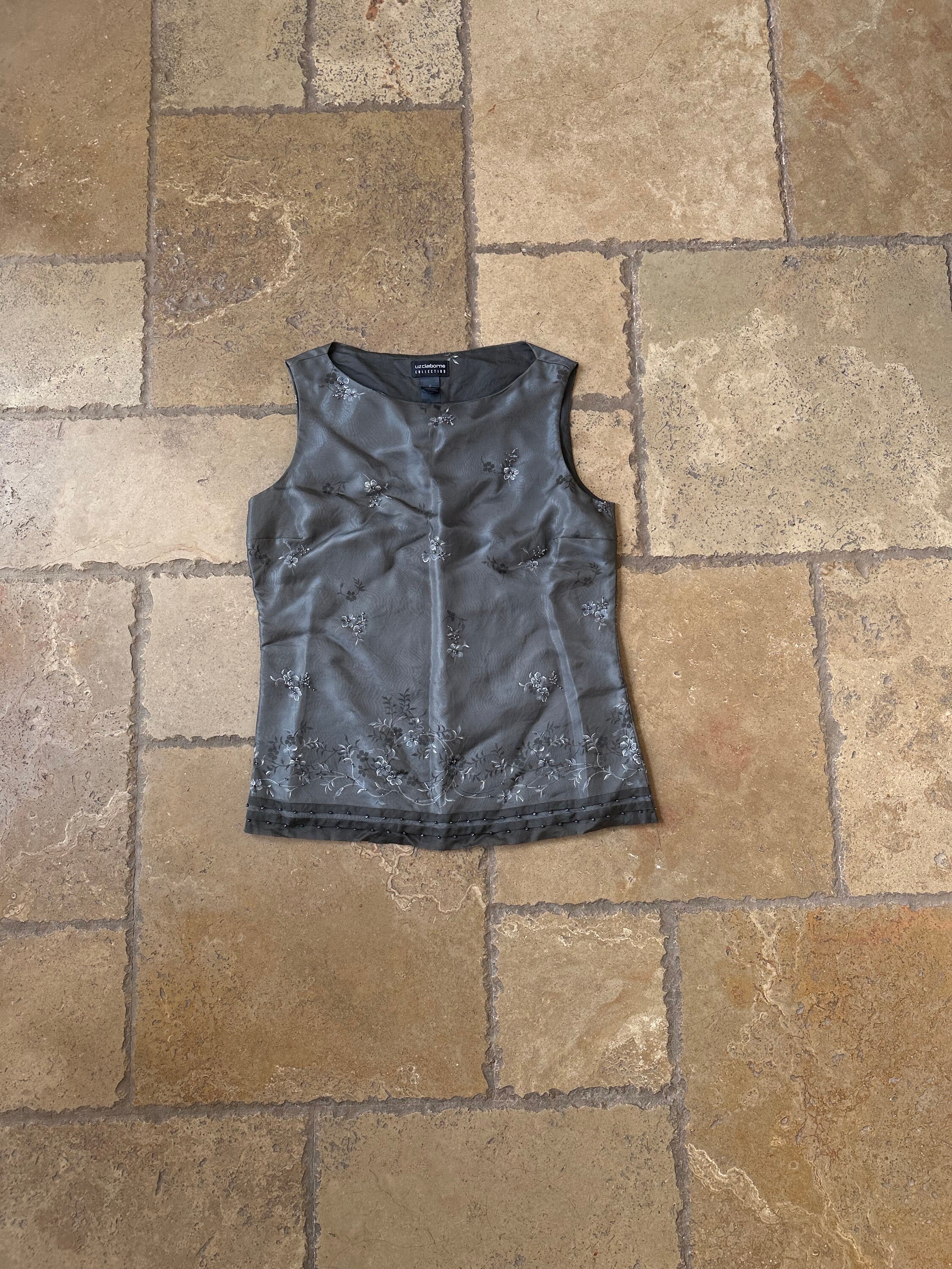 90s Gray Silk Floral Print Sleeveless Top by Liz Claiborne M