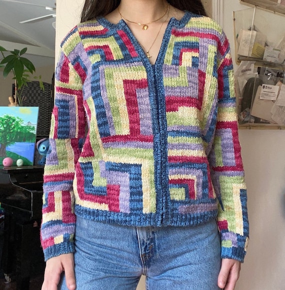 1990s Colorful Geometric Print Cardigan