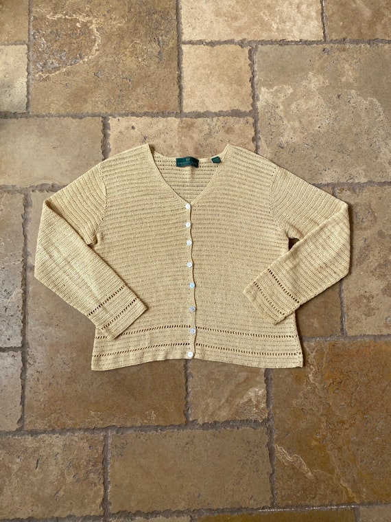 Vintage 90s Tan Crochet Linen Cardigan by Embassy… - image 1