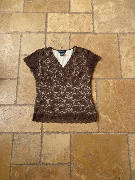 Y2K Brown Floral Lace Short Sleeve Top by Dialogue