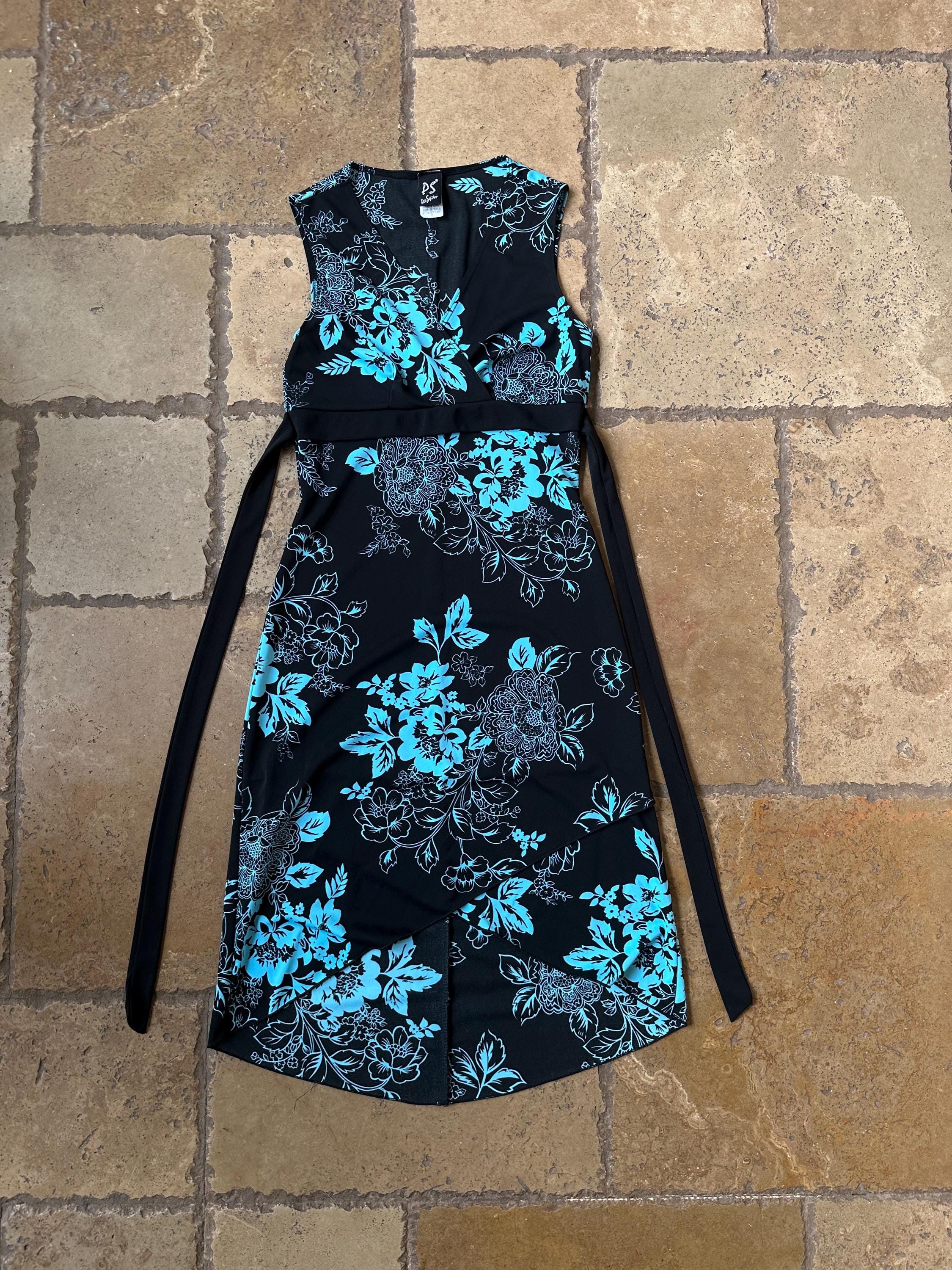 90s Vintage Blue & Black Floral Surplice Mini Dress by PS PerSeption XS/S