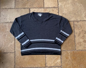 Y2K 90s Gray Striped Long Sleeve Knit Sweater by Extra Editions