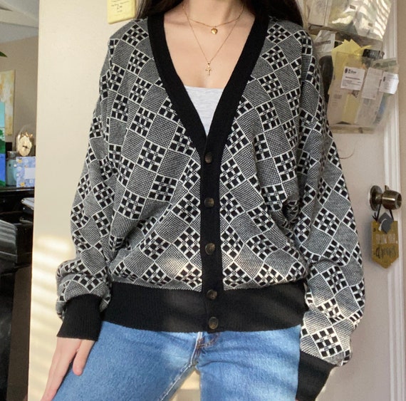 1990s Black and White Checkered Cardigan
