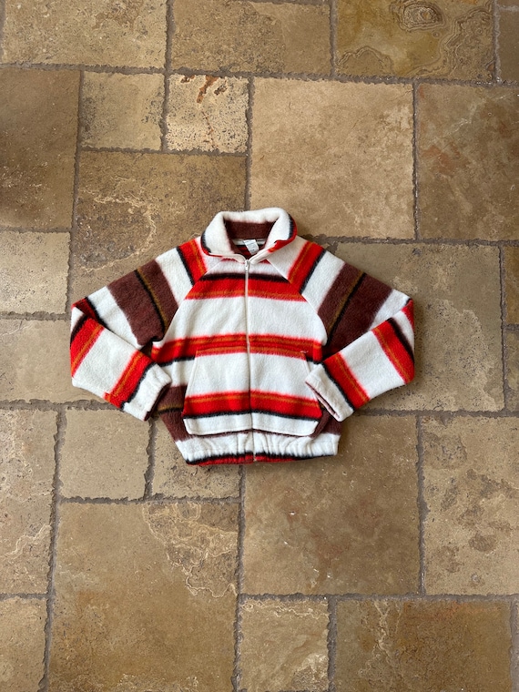 70s Vintage Striped Cropped Zip Up Fleece Jacket b