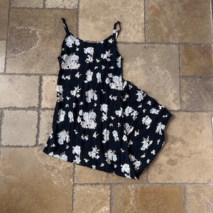 90s Vintage Black Floral Print Maxi Sleeveless Dress by Chloe&#39;s Dream M