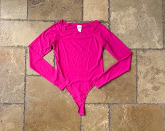 90s Pink Sheer Long Sleeve Bodysuit by Frederick's of Hollywood S-M