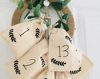 Personalised Advent Calendar Bags, Reusable Natural Cotton Calendar, Refillable Hanging Advent Bags, Countdown to Christmas, Christmas Decor