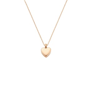 May include: A delicate gold chain necklace with a small, solid heart pendant.