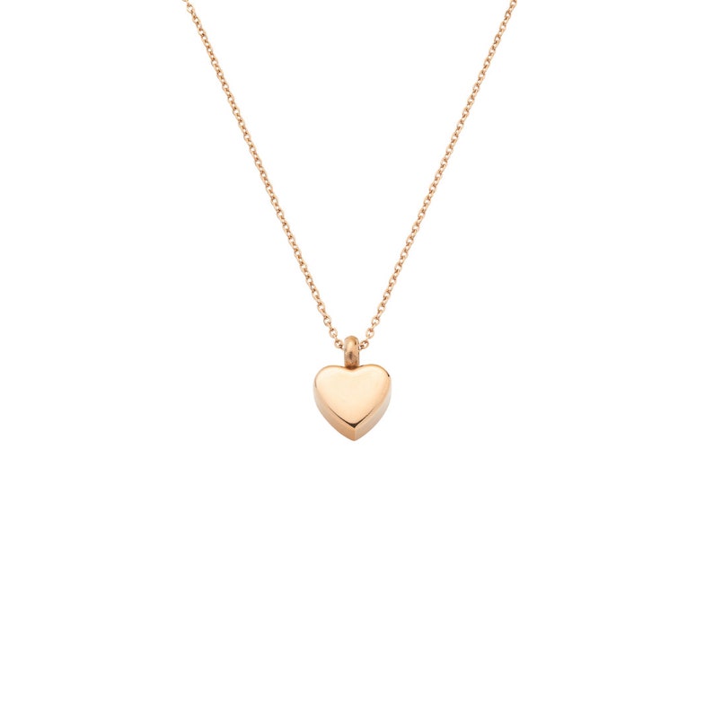 May include: A delicate gold chain necklace with a small, solid heart pendant.