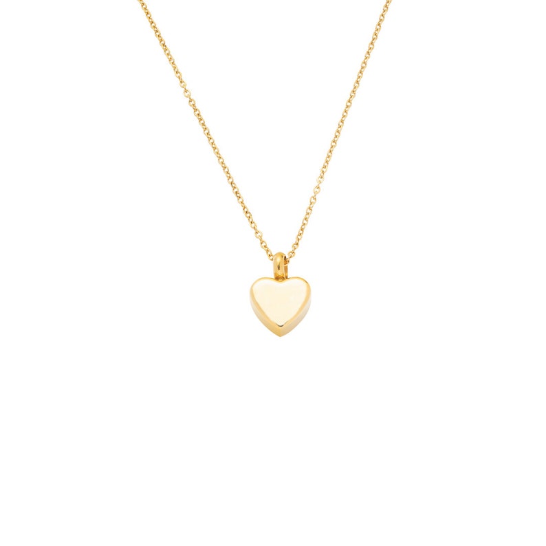 May include: A gold heart pendant necklace. The heart is small and simple, with a smooth, polished finish.