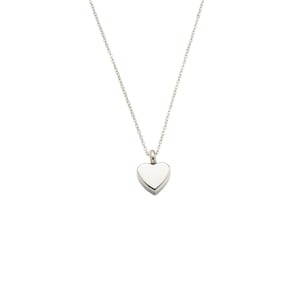 May include: A silver heart-shaped pendant necklace. The pendant is smooth and has a shiny finish.