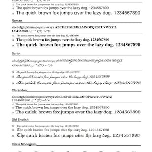May include: A comparison of different font styles, including Helvetica, Roman, Script, Clarendon, Old English, and Circle Monogram. The text "The quick brown fox jumps over the lazy dog." is used as an example in each font style. The numbers 1234567890 are also shown in each font style.