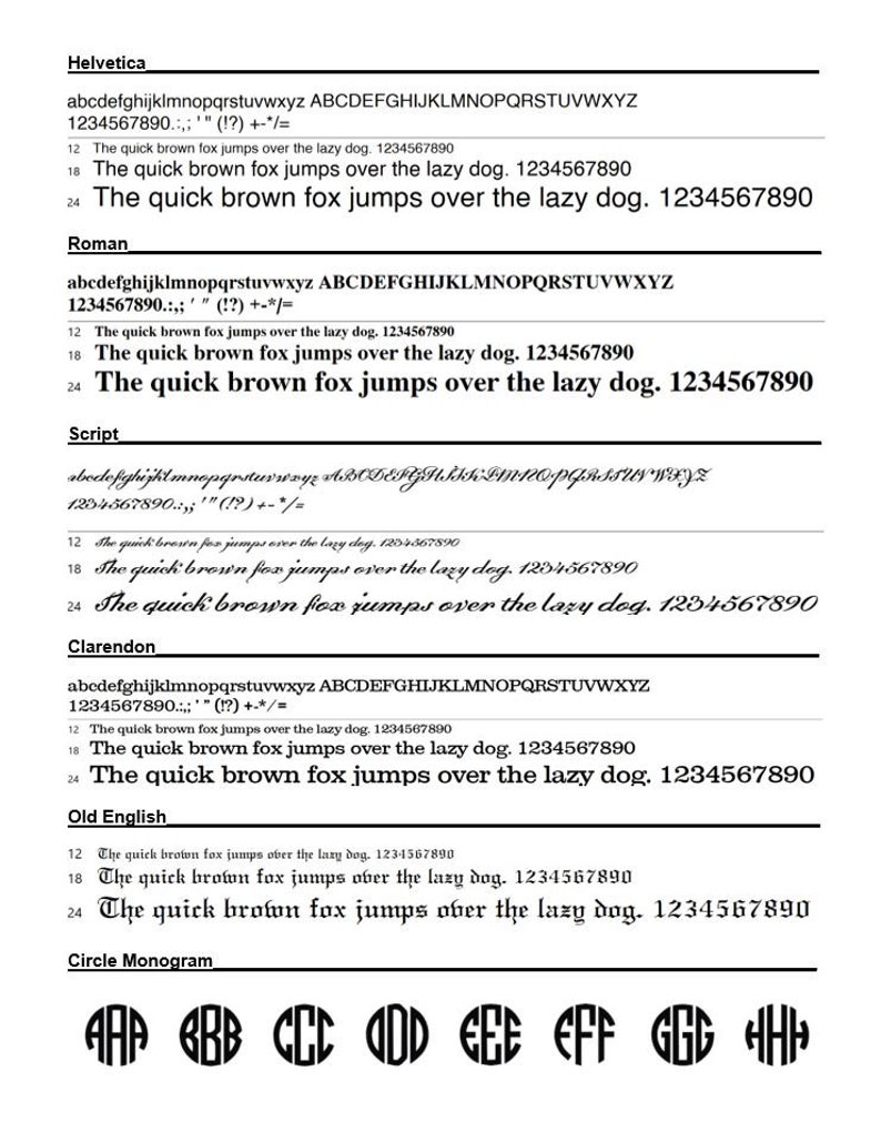 May include: A comparison of different font styles, including Helvetica, Roman, Script, Clarendon, Old English, and Circle Monogram. The text "The quick brown fox jumps over the lazy dog." is used as an example in each font style. The numbers 1234567890 are also shown in each font style.