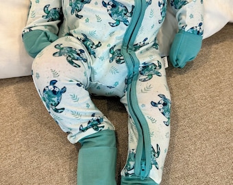 Floral Sea Turtle bamboo Viscose zippy, pajamas, sleeper, convertible hands and feet