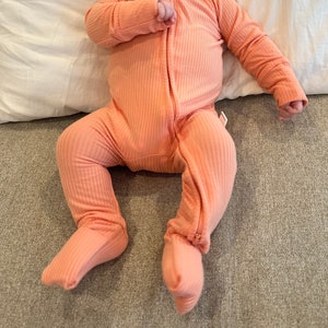 Peach solid ribbed Bamboo Viscose Zippy, sleeper, romper, convertible feet and hands