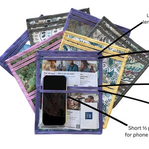 May include: Several fabric organizers with clear pockets are displayed. Each has a large pocket, two short full-width pockets, and two half-pockets. The organizers feature diverse colors and patterns, with text visible within the pockets.