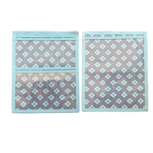 Pu&ograve; includere: Due organizer rettangolari in tessuto con bordo azzurro e un motivo geometrico ripetuto nei toni dell'azzurro, bianco e rosa corallo. Un organizer presenta due tasche orizzontali, mentre l'altro ha un design a tasca singola.
