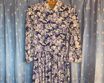 Vintage blue and white floral long sleeve sundress with pockets