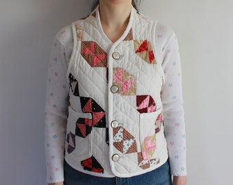 Quilt Vest made from an Antique Bowtie Quilt - Size Small | Calico Prints | Hand Quilted | Cotton | Handmade in Canada