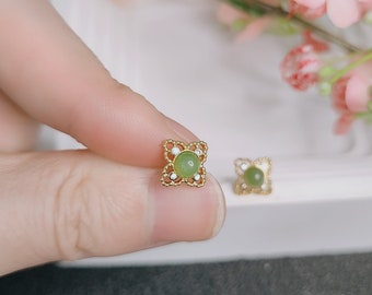 Green Jade Floral Earrings for Women, Dainty 925 Sterling Silver Stud Earrings, Vintage Flower Earrings Summer Jewelry, Statement Earrings
