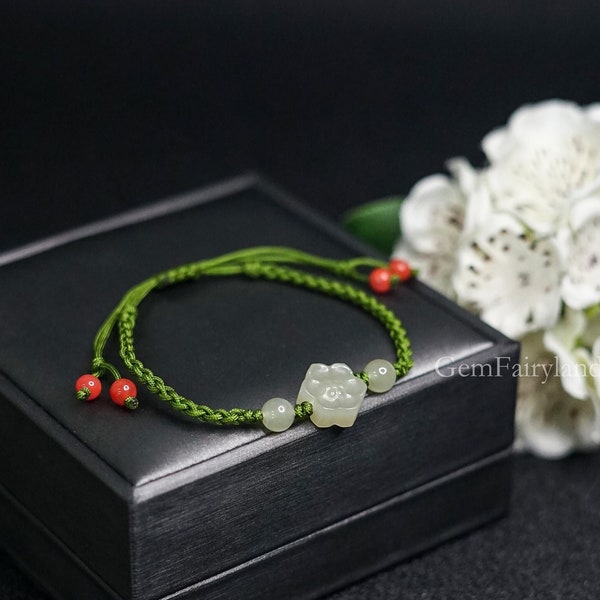 Bracelet tissé fleur de jade pour femme avec breloque, bracelet d'amitié tressé porte-bonheur, bracelet de guérison ficelle verte pour fille