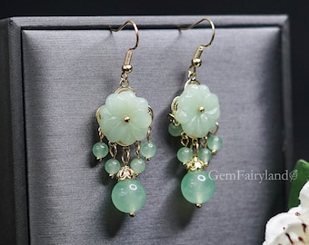 Natural Jade Dangle & Drop Earrings, Flowers Earrings, Mother's Day Gifts, Green And Gold Collisions Make Your Temperament More Elegant