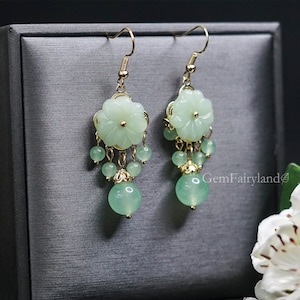 Natural Jade Dangle & Drop Earrings, Flowers Earrings, Mother&#39;s Day Gifts, Green And Gold Collisions Make Your Temperament More Elegant