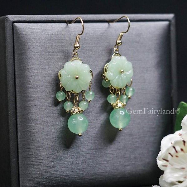 Natural Jade Dangle & Drop Earrings, Flowers Earrings, Mother's Day Gifts, Green And Gold Collisions Make Your Temperament More Elegant