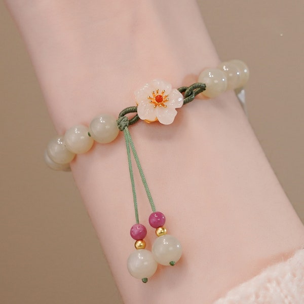 Hetian Jade Beaded Bracelets for Women, Dainty Braided Bracelet with Jade Flower, Friendship Bracelet, Healing Stone Gift for Her 6"-8"