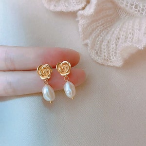 Pearl Drop Earrings, Elegant Floral Earrings, Fairy Flower Earrings Anniversary Gift,Dainty Freshwater Pearl Rose Stud Earrings for Women