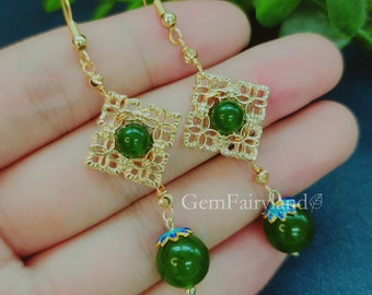 Green Jade Beads Dangle Earrings for Women