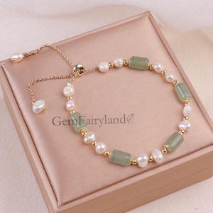 Natural Crystal Jade Bracelet for Women, Fresh Water Adjustable Chain Bracelet, Pink Green Jade Bracelet Gift for Her Birthday Christmas