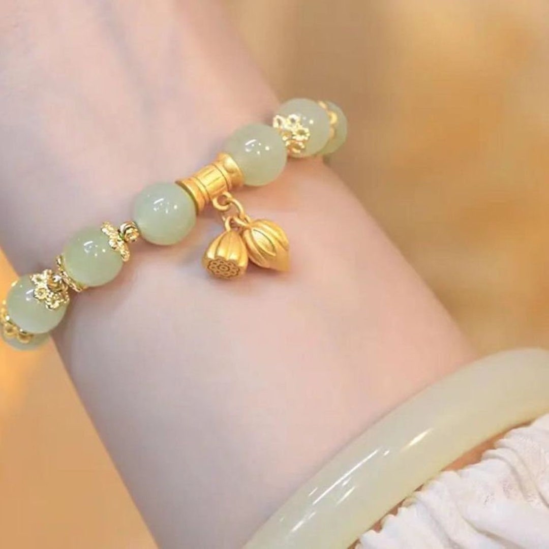 Hetian Jade Beaded Bracelets for Women, Dainty Bracelet With Lotus ...