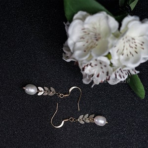 Laurel Leaf Pearl Drop Earrings: Dainty Wedding Jewelry