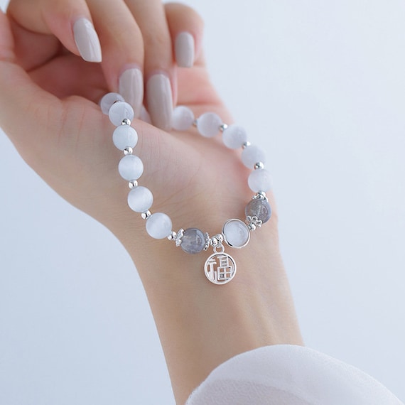 Bracciale Elastico In Pietra Naturale Occhio Di Gatto, Bianco Moonlight, Design Farfalla/stella Luna, Per Donna E Ragazza - 3