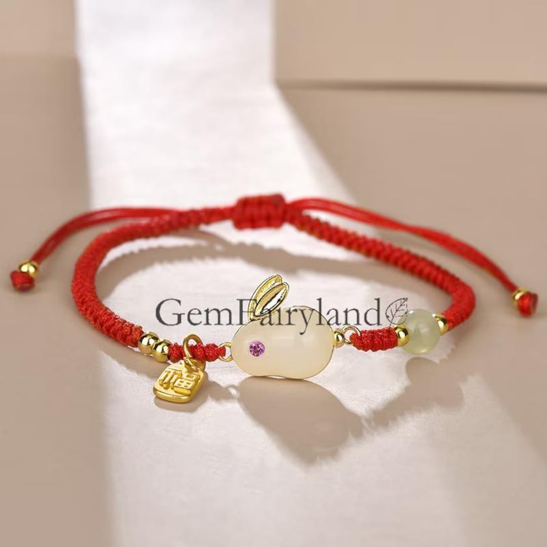 Jade Rabbit Charm Jade Rabbit Charm Braided Bracelet: Gold Pendant, Red Rope - Etsy