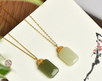 Natural Hetian Jade Necklace, Grade A Stunning Jade Charm Necklace for Women, 18K Gold Plated 925 Sterling Silver Jade Pendant Necklace