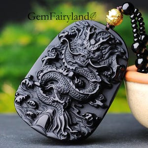 Obsidian Necklace with Obsidian Dragon Pendant,Men&#39;s Necklace,Black Shows Masculinity