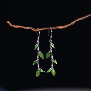 S925 Sterling Silver Green Jade Leaf Earrings, 925 Dainty Jade Drop Earrings