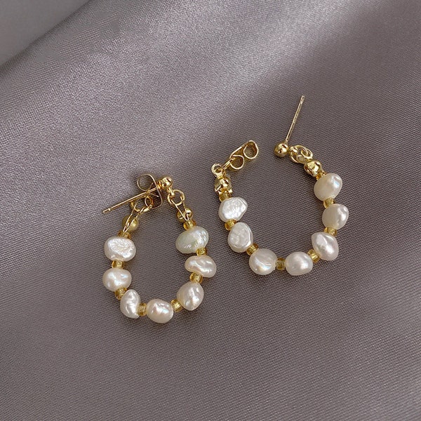 Pearl Beaded Hoop Earrings: 18K Gold Plated Dainty Jewelry
