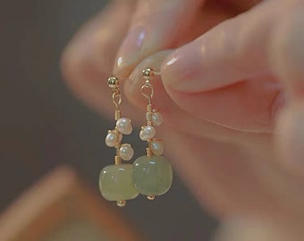 Women's Natural Hetian Jade with Pearl Drop Earrings, Dainty 925 Sterling Silver Stud Earrings for Women, Vintage Earrings Gift for Her